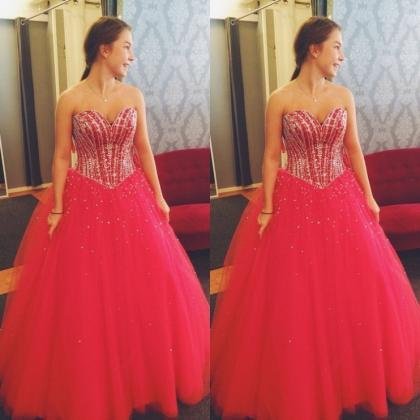 Red Sweetheart Ball Gown Tulle Prom Dresses 2017