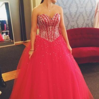 Red Sweetheart Ball Gown Tulle Prom Dresses 2017