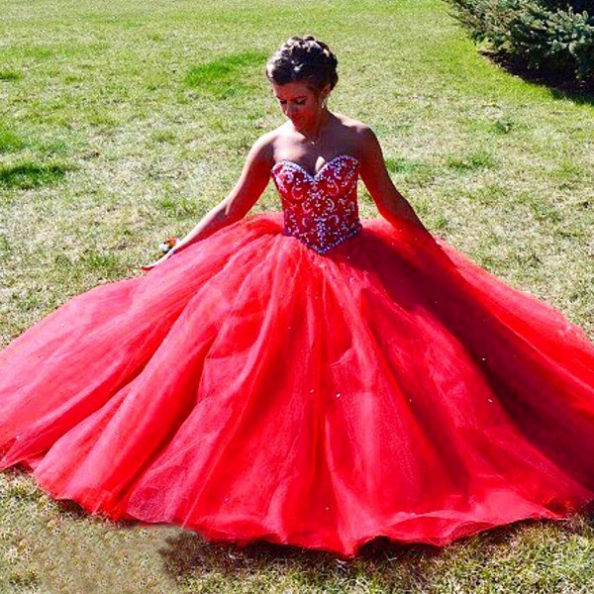 Red Beading Sweetheart Ball Gown Tulle Prom Dresses 2017