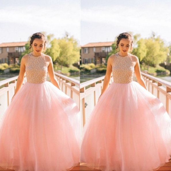 Beading Sleeveless Floor-length Ball Gown Tulle Prom Dresses 2017