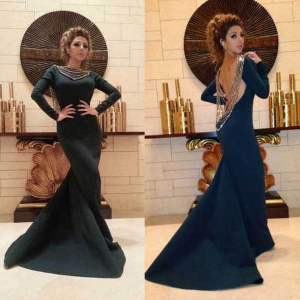 2017 Long Large Size Prom Dress Backless Beading Floor-length Round Full Sleeve Mermaid Discount