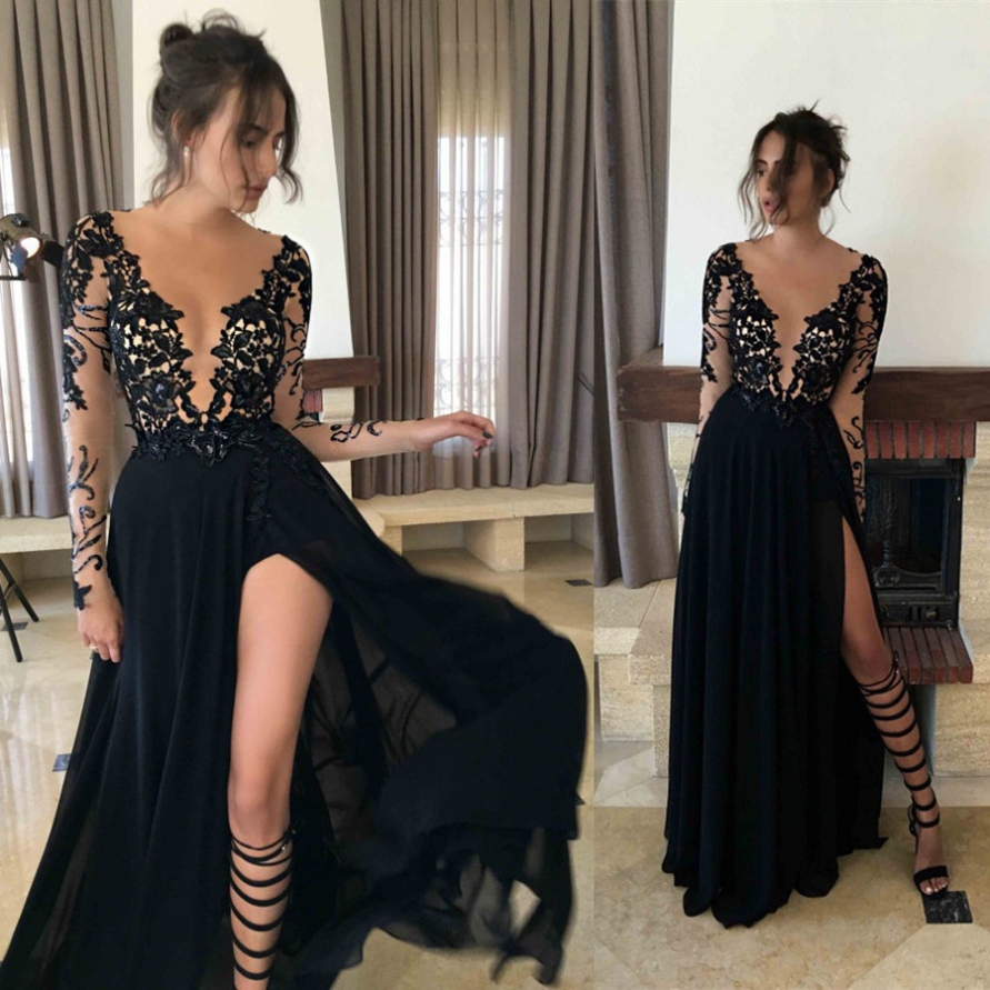 2017 Long Large Size Prom Dress Lace Floor-length V-neck Full Sleeve Chiffon A-line