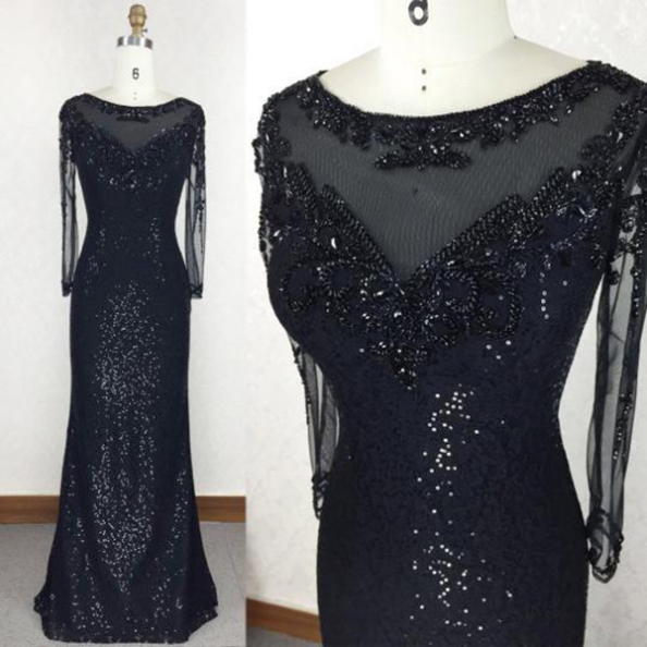 2017 Long Large Size Prom Dress Sequin Floor-length Round Full Sleeve Sequins Sheath Customized