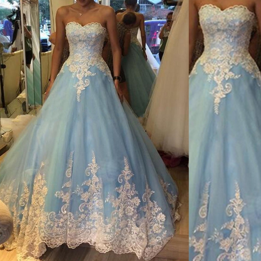 Pretty Ball Gown Sweetheart Tulle Long Blue Floor Length Prom Dresses main image 1